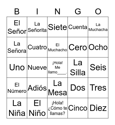 Español Lesson 1 & 2 Bingo Card