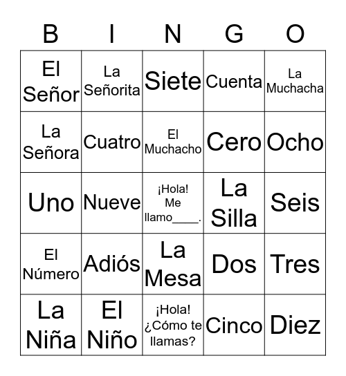 Español Lesson 1 & 2 Bingo Card