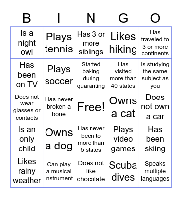 Summer Intern Bingo Card