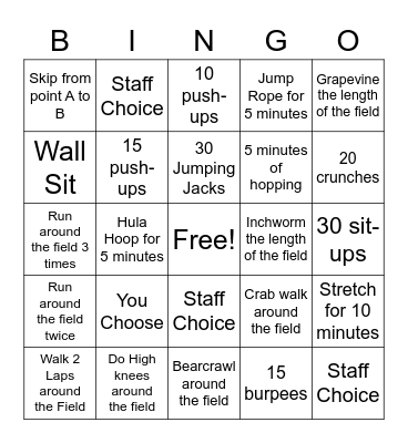 Fitness Bingo Card