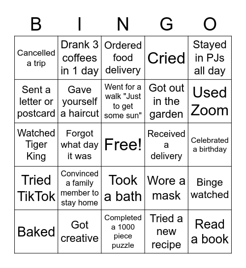 Quarantine Bingo Card