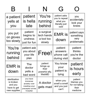 Shadowing/Working in Healthcare Bingo Card