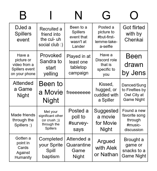 Sprite Spillers Anonymous Bingo Card