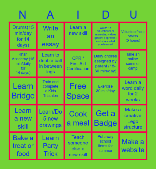 Arjun's 2020 SUMMER CHALLENGE Bingo Card
