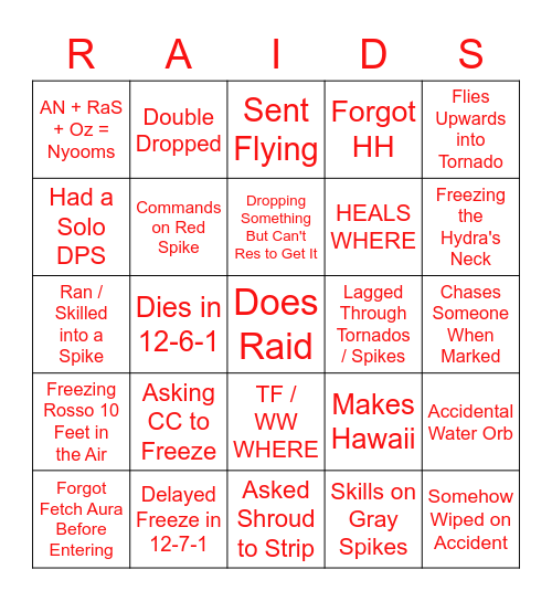 Imagine Being a Raid Main Bingo Card