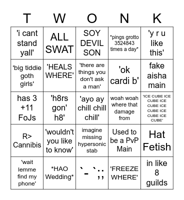 Imagine Being Twinki Bingo Card