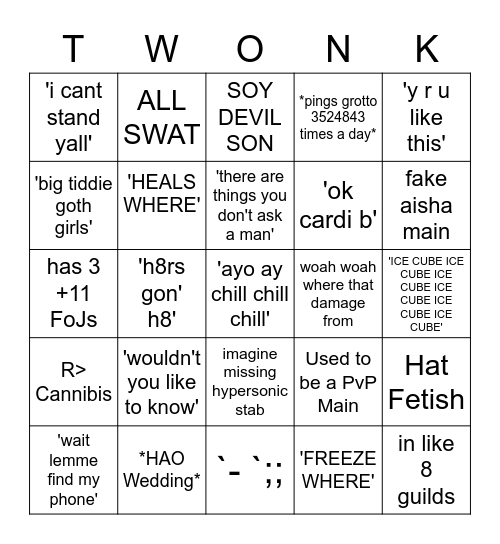 Imagine Being Twinki Bingo Card