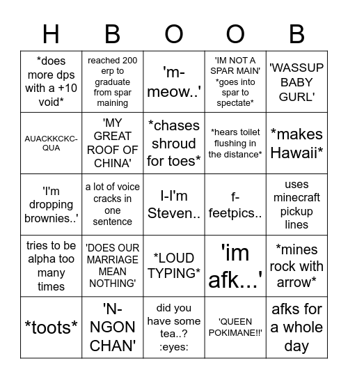 Imagine Being Hboob Bingo Card