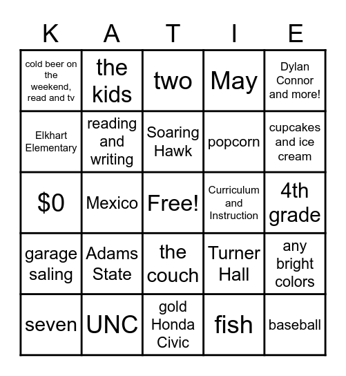 Let's Celebrate Our Katie!!! Bingo Card