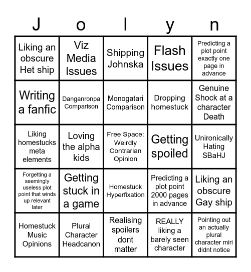 Jolyne Homestuck Bingo Card