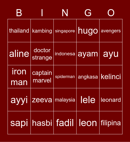 bismillah Bingo Card