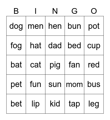 CVC word Bingo Card