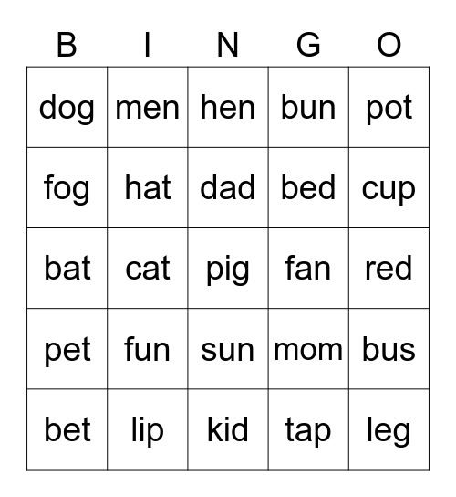 CVC word Bingo Card