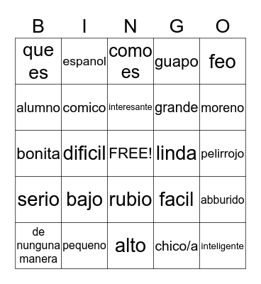 Spanish Vocab Bingo Card