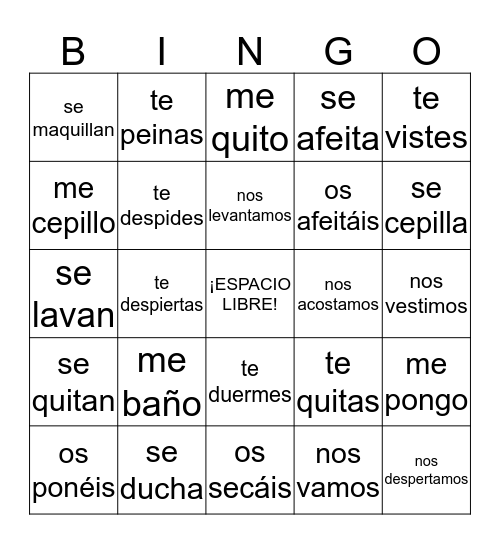 Bingo: Los verbos reflexivos Bingo Card