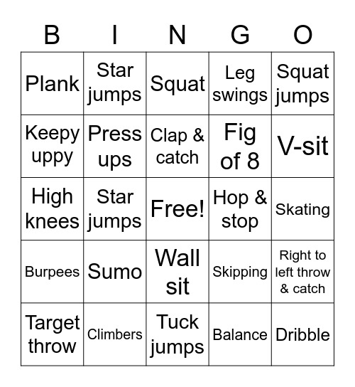 Fitness & Skills Bingo Card