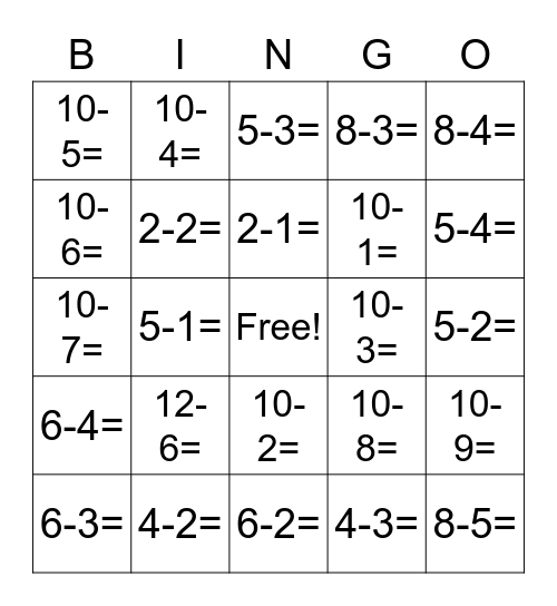 Grade One Bingo Card