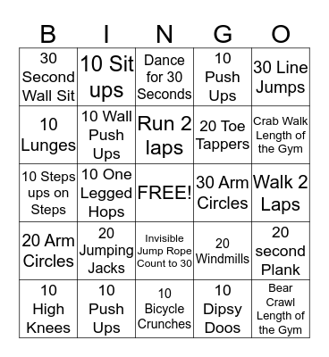 Fitness Bingo Card