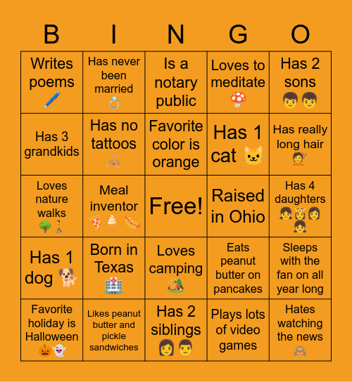 Things about Me Bingo Card