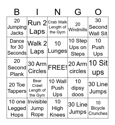 Fitness Bingo Card