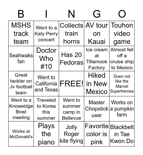 Friend File Bingo Card