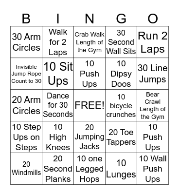 Fitness Bingo Card