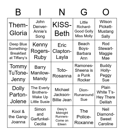 Total-Quiz.com Presents Radio Bingo: Songs About Gals Bingo Card