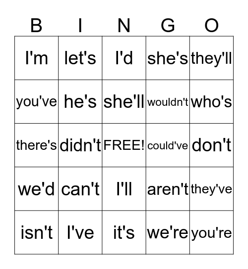 Contraction Bingo Card