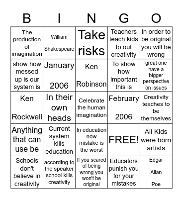 How School Kills Creativity  Bingo Card