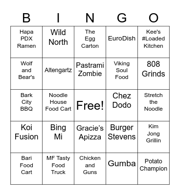 PDX Food Carts Bingo Card