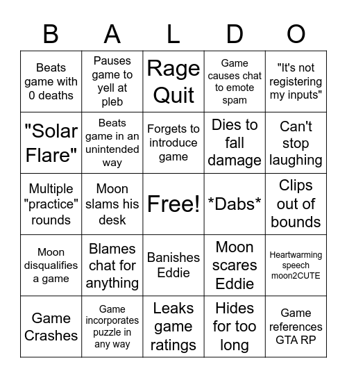 MoonMoon Game Jam 2020 Bingo Card