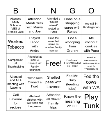 Shiver Family Bingo Card