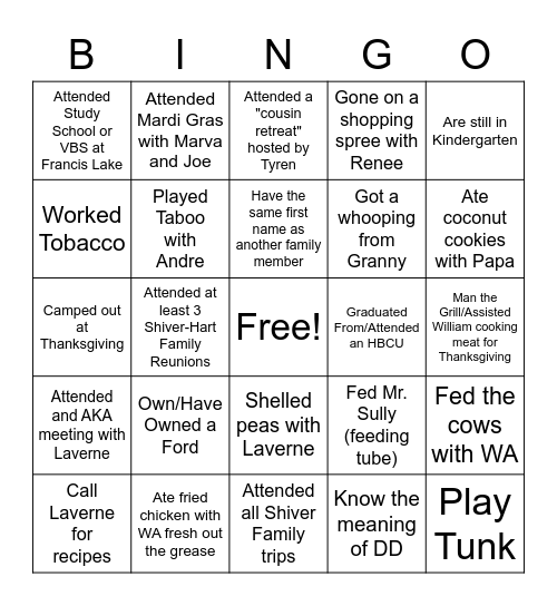 Shiver Family Bingo Card