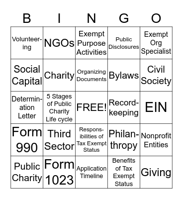 Nonprofit Organization Bingo Card
