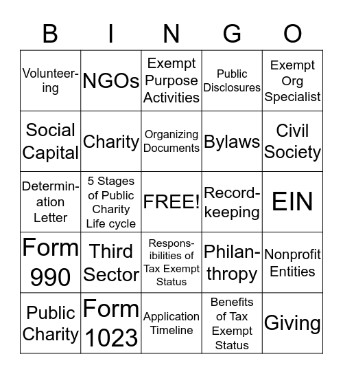 Nonprofit Organization Bingo Card