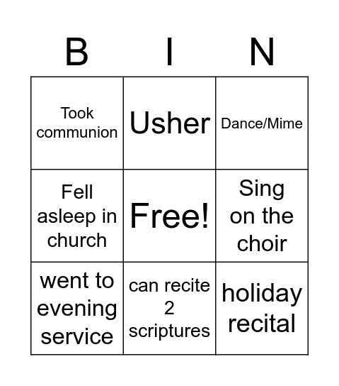 Church Bingo Card