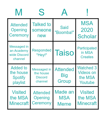 MSA 2020 Bingo Card