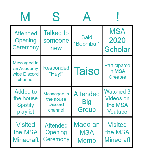 MSA 2020 Bingo Card