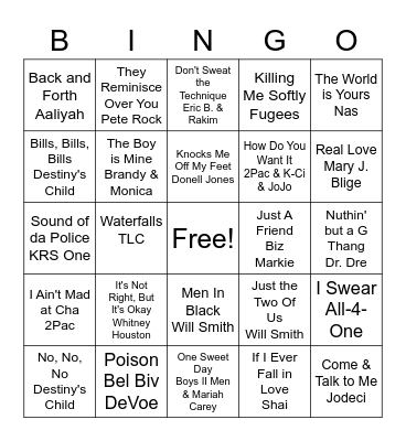 90's Hip Hop & R&B Bingo Card