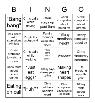 Tiffany x Chris Circle-jerk Bingo Card