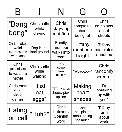 Tiffany x Chris Circle-jerk Bingo Card