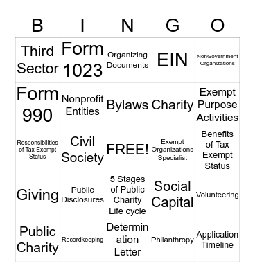Nonprofit Organization Bingo Card