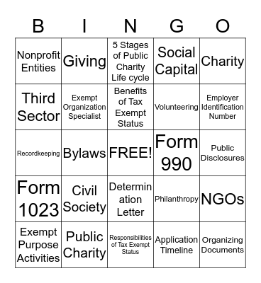 Nonprofit Organization Bingo Card