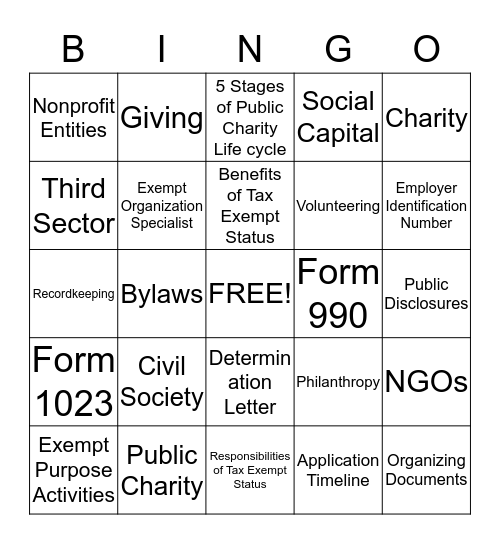 Nonprofit Organization Bingo Card