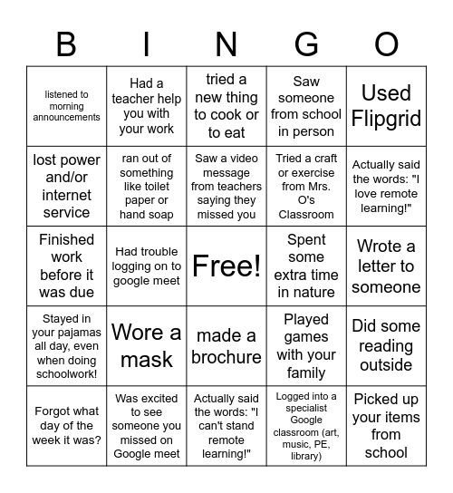 End of year 2020 Bingo Card