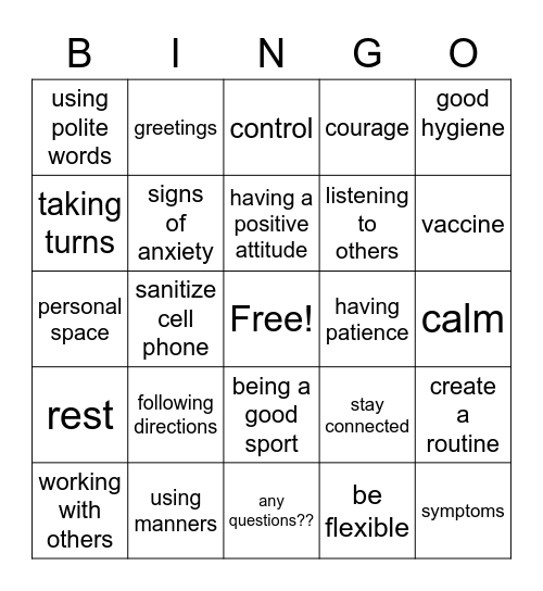 Social Skills Bingo Card