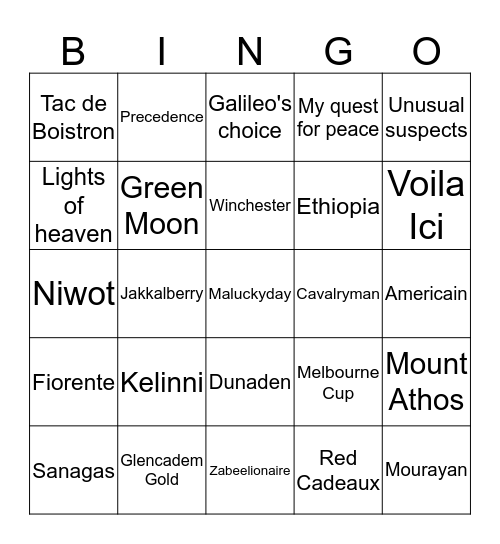 Melbourne Cup 2012  Bingo Card