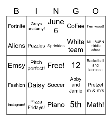 Emily’s bday bingo!!! Bingo Card