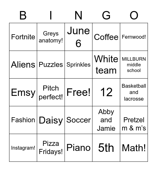 Emily’s bday bingo!!! Bingo Card