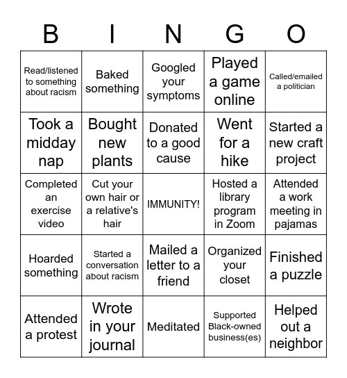 Quarantine Bingo Card